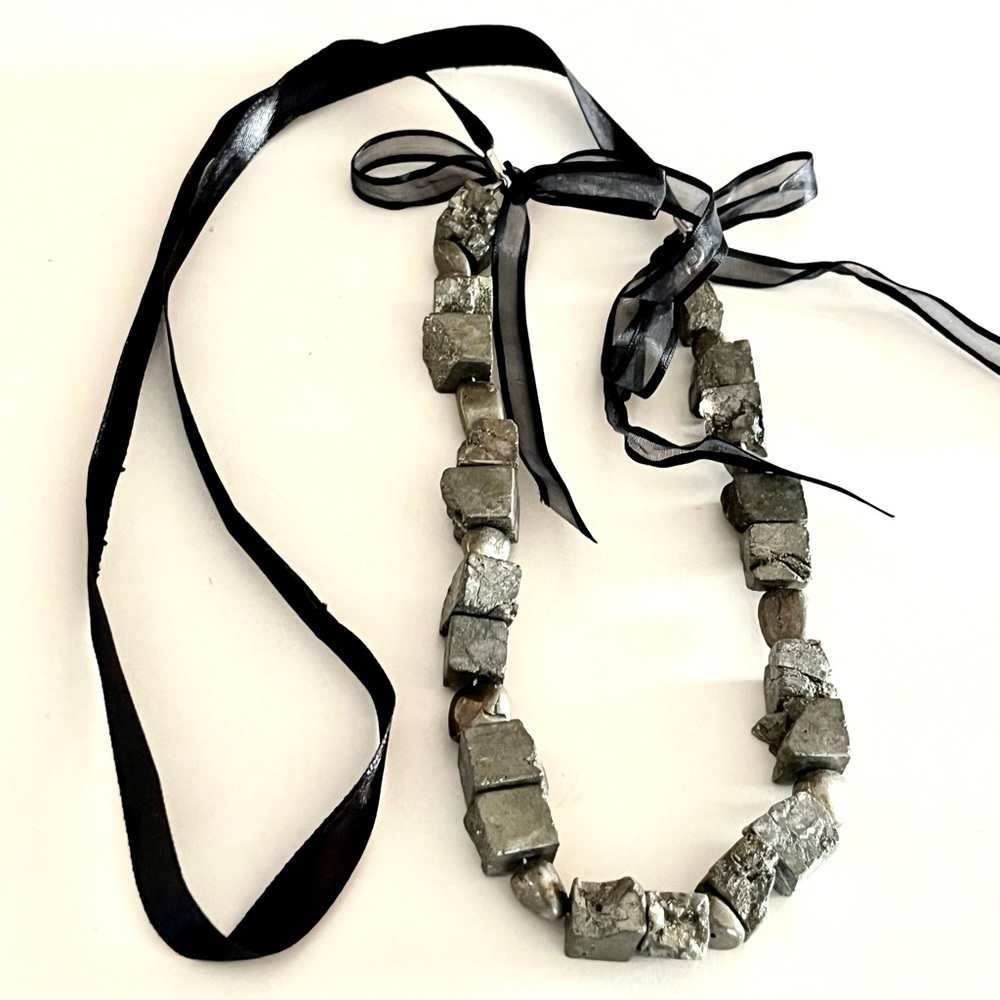 Genuine Raw Pyrite Long Ribbon Necklace